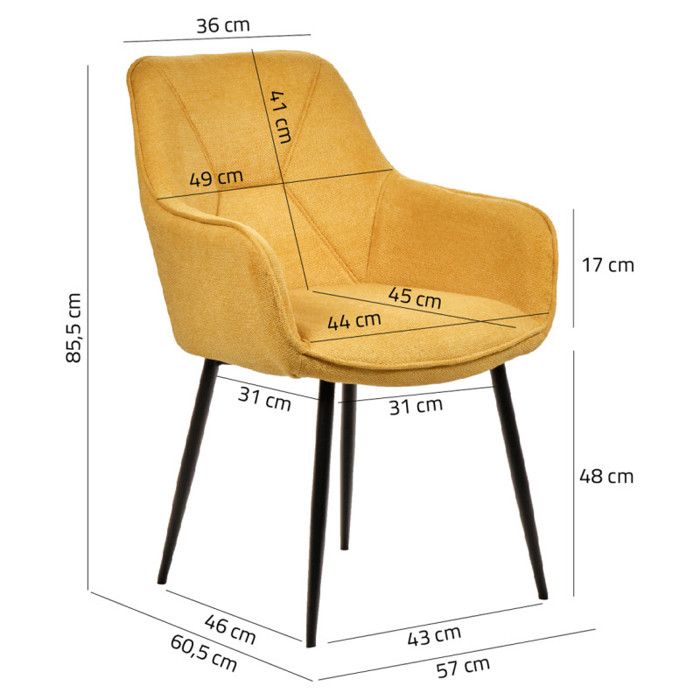 Lot de 2 chaises avec accoudoirs tissu jaune et pieds métal - THEO ...