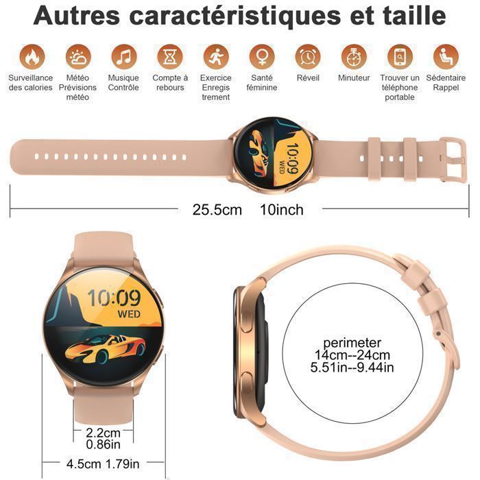 Montre Connectée Femme 1.43" écran AMOLED HD, Appels Bluetooth, 100+ Modes Sport, étanche 5ATM, Santé Féminine, 2 Bracelets