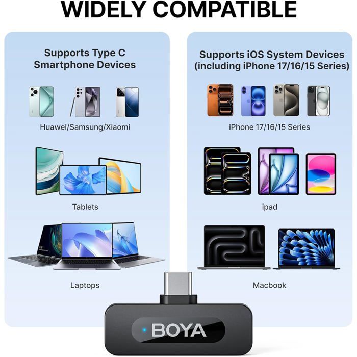 BY-V10 Microphone sans Fil pour iPhone 15/16, Android, Mini Micro, 48 ...