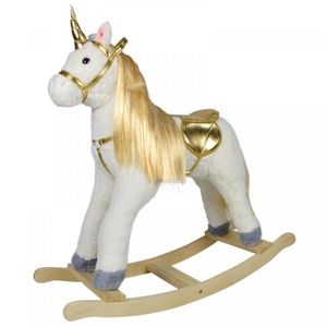 HOMCOM Cheval à bascule enfant en bois avec roues utilisation 2 en 1 pour  petits enfants effet sonore 63 x 38 x 63 cm blanc