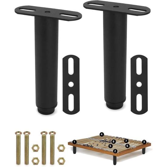 Pieds De Lit Réglables Universels - Hauteur 18 à 30 Cm - Sans Perçage, Fixation Par U - Lot De 2, Couleur Noir