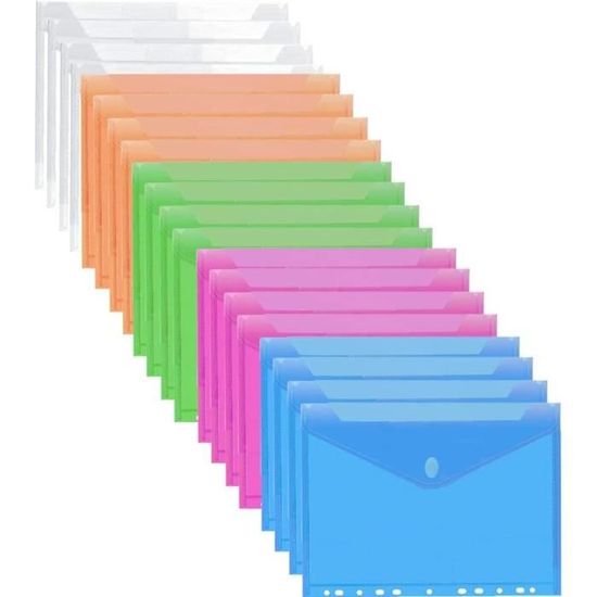 Pochettes Documents A4 Sterneer - 30 Pièces Transparentes Avec Bouton Pression | 6 Couleurs Assorties