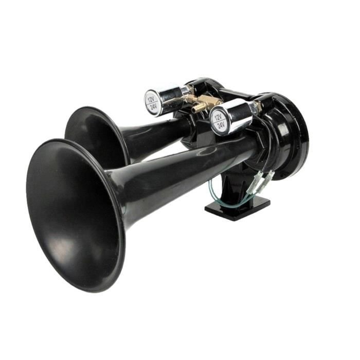 Double Klaxon A Air Pneumatique Electrique Avec Valve 24V 125dB 35cm Universel Noir Pour Auto Voiture Camion Bateau