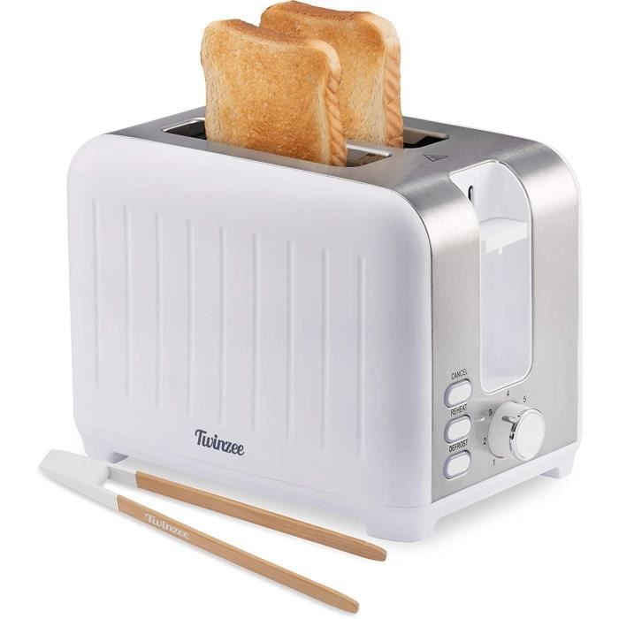Twinzee - Grille Pain 3 en 1 - Blanc Mat en Inox - 2 Large Fente Toaster Vintage - Pince en Bambou Gratuite - 7 Niveaux de Brunissag