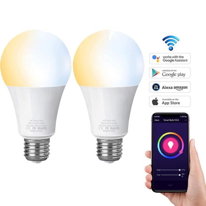 Lot de 2 Ampoules LED Intelligente E27 Wifi Smart Bulb, Ampo