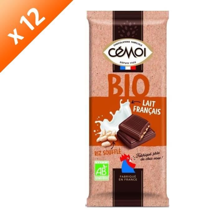 CEMOI Lot de 12 Tablettes - Familiale Chocolat au lait & riz soufflé - Bio - 100g