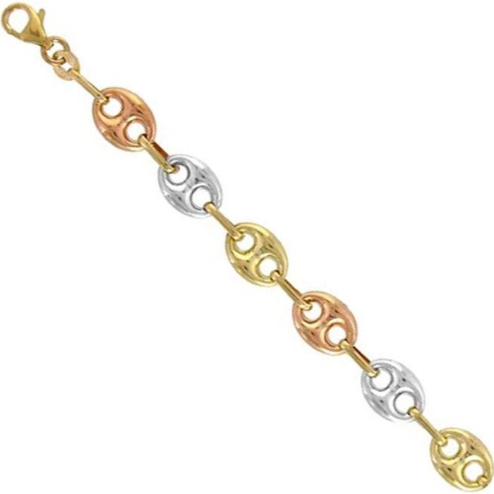 Bracelet Or Véritable Tricolore Jaune, Blanc et Rose - Maille Grain de Café - Femme
