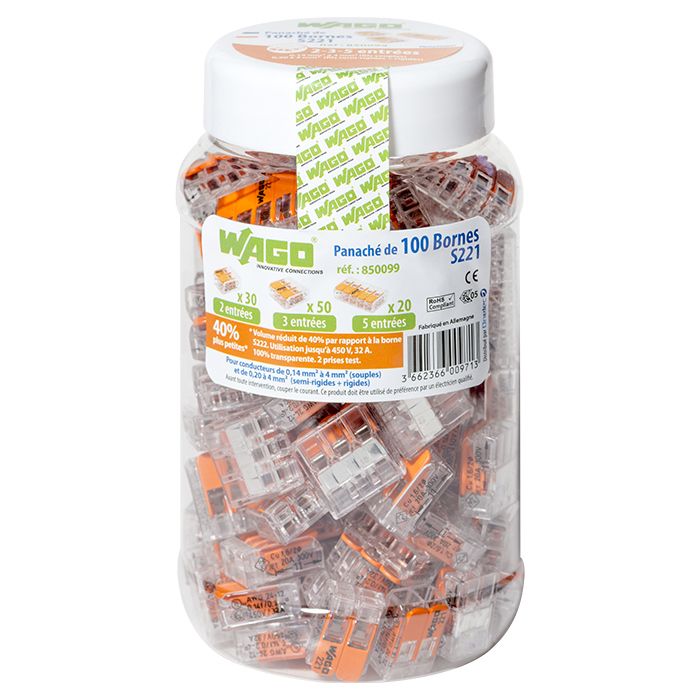 Wago - Pot panaché de 100 bornes de connexion automatique 2, 3 et 5 entrées S221