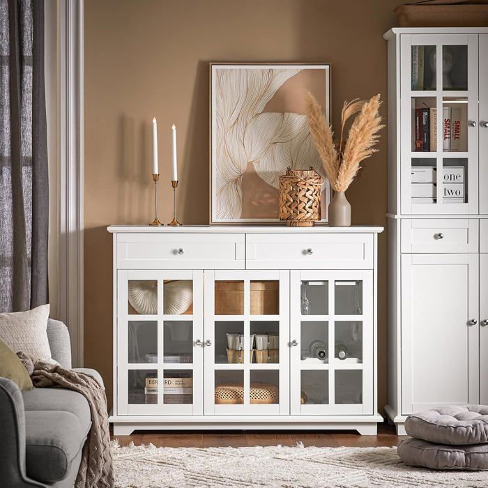 SoBuy Buffet Bas Commode Cuisine Salon Entrée 3 Portes Vitrées 2 Tiroirs Rangement Meuble L119xP40xH90cm Blanc