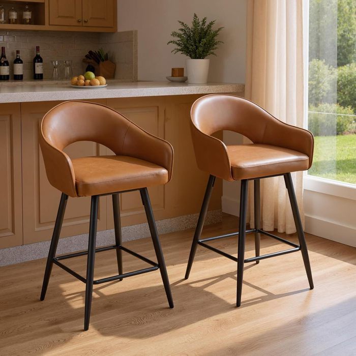 Wahson Tabouret Bar Lot de 2 Tabouret de Bar Pivotant Chaise Haute Bar avec Repose-Pied Métal pour îlot de Cuisine Cuir PU Marron