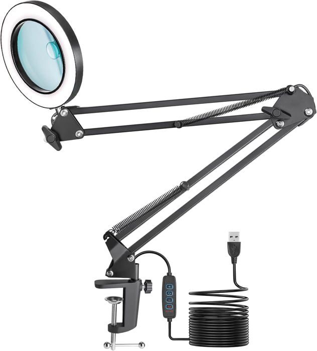 Loupe 10X Avec Lumière LED - Pince Réglable, 3 Modes Couleur, Pour Lecture Et Bricolage