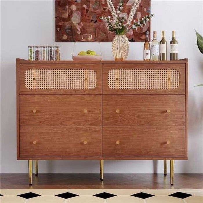 Buffet haut - LANGTU - Rétro - 6 tiroirs - Noyer aspect bois - Pieds métal 20 cm