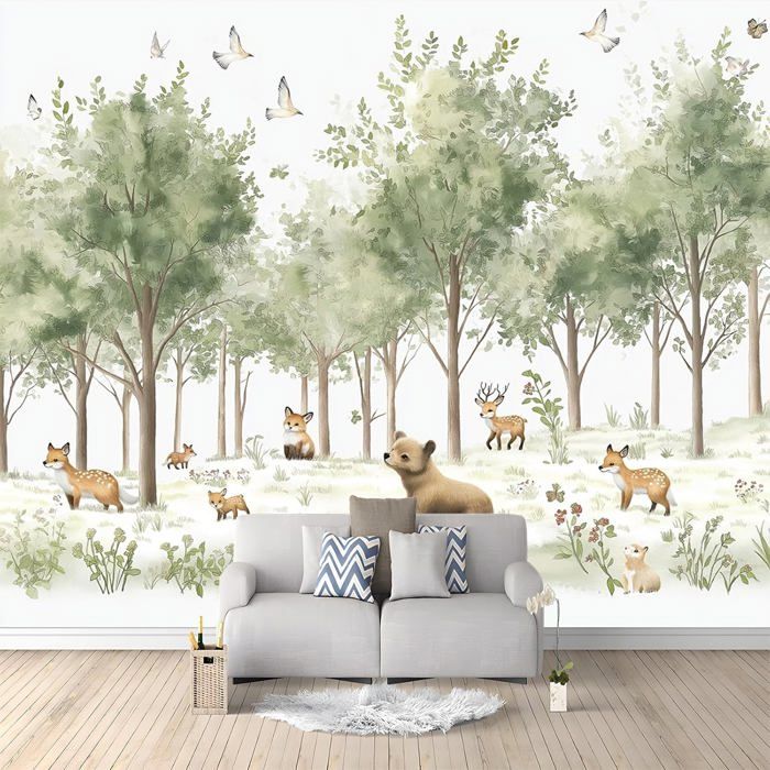 Papier Peint Panoramique Animaux De Dessin Animé Cerf Ours Renard ...