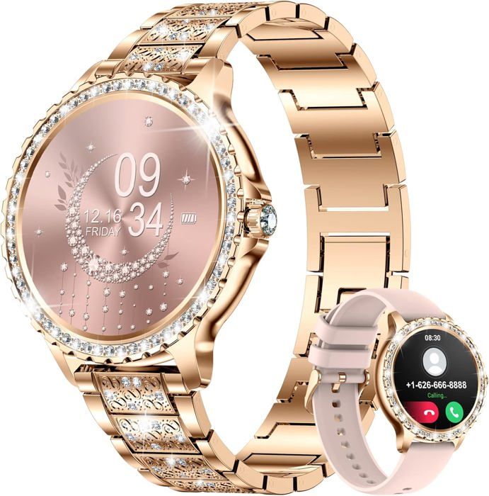 Montre Connectée Femme 1,27" - Appels Bluetooth, Suivi Santé 24h (FC, SpO2, Sommeil), 120+ Modes Sport, IP68, 200+ Cadrans, 2 Bracelets - Compatible Android/iOS - Or Rose