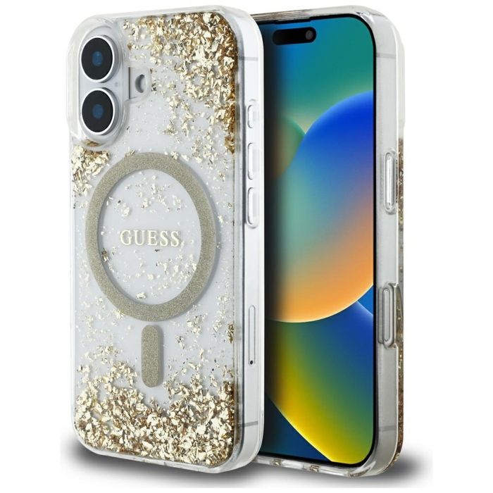 Coque pour iPhone 16 Guess Hardcase Resin Bottom Glitter MagSafe GUHMP16SRGRGED Or