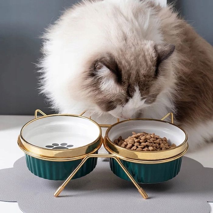 Gamelle double en céramique pour chat/chien sur support alimentaire 2 x 300 ml