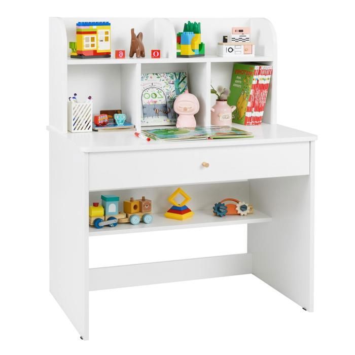 GOPLUS Bureau pour Enfants 80x48x102CM-1 Tiroir Coulissant+1 Etagère Ouverte+Bibliothèque-Charge 70KG-Blanc