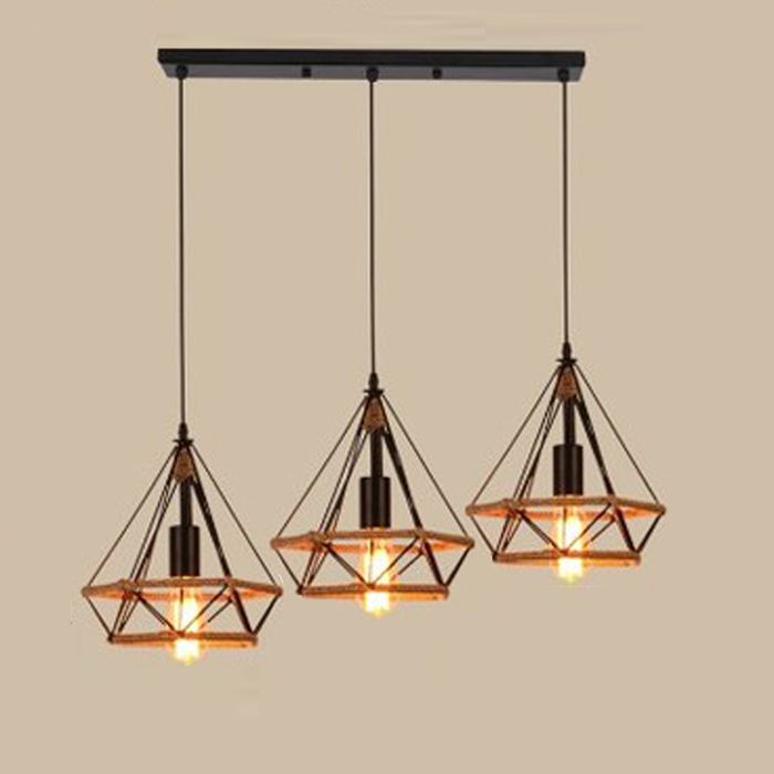 Lustre Suspension - SMOTOP - 3 lampes E27 - Métal & corde de chanvre - Ø25 cm