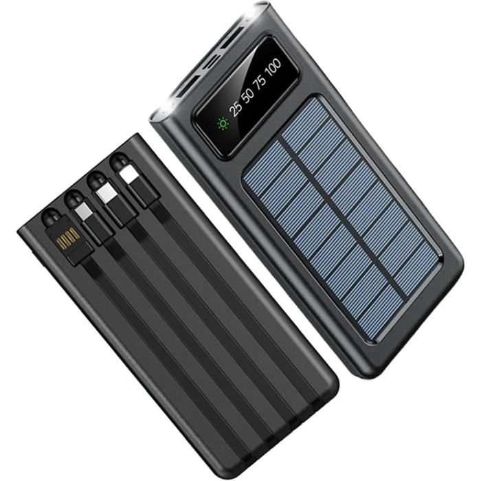 Chargeur Solaire Portable - ULISEM - 20 000 mAh - Double Lampe Torche - 4 Câbles USB - Noir