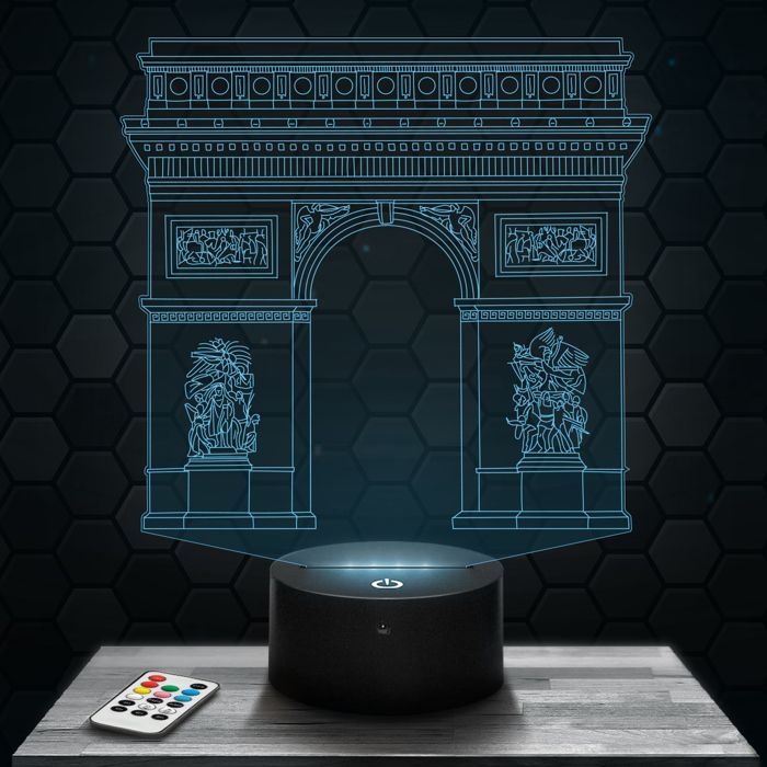 Lampe 3D - Arc de Triomphe - Accessoire Objet Cadeau Arc de Triomphe - Veilleuse Led Tactile avec socle au choix et télécommande