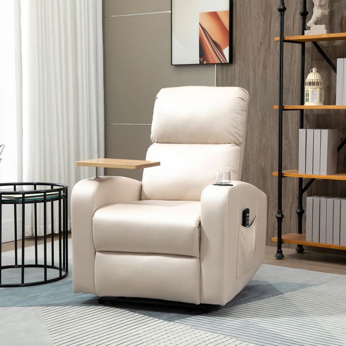 Fauteuil Massant et Relaxant Électrique Inclinable avec Tablette Poches Latérales et Télécommande - Tissu Beige