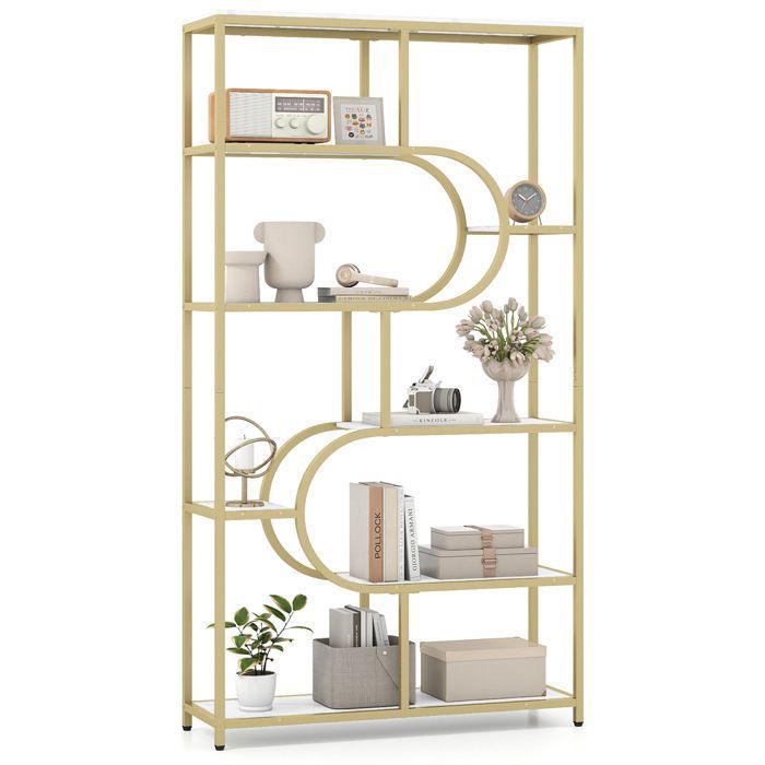 Bibliothèque 175 cm à 8 Niveaux COSTWAY Design en U Étagères Ouvertes de Rangement en Métal pour Salon Bureau Chambre Doré