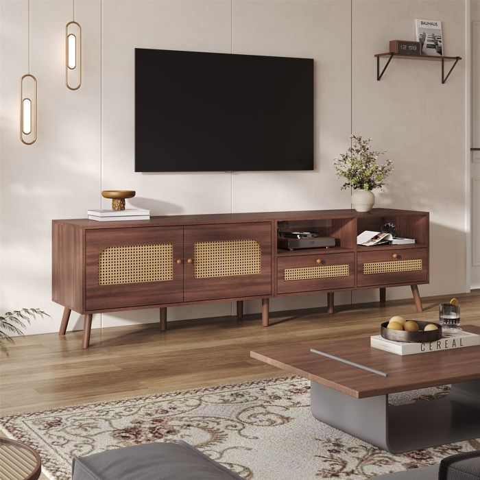 Meuble TV pour téléviseur 80 (203 cm) - 2 portes en rotin 2 tiroirs et 8 pieds - Centre de divertissement brun moderne