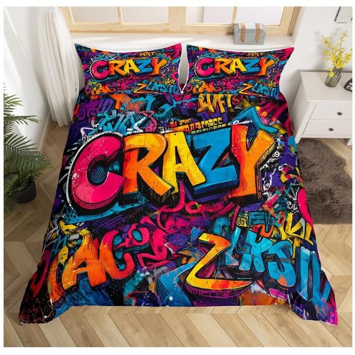 Housse de Couette 240x260 Enfant Style Graffiti Parure de Lit Ado Garcon Thème Hip Hop pour Jeune Homme - PBO