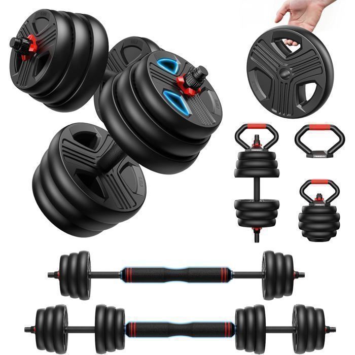 Haltères réglables - FED FITNESS - 10kg 5en1 (barre kettlebells push-up plaque) pour home gym homme/femme.