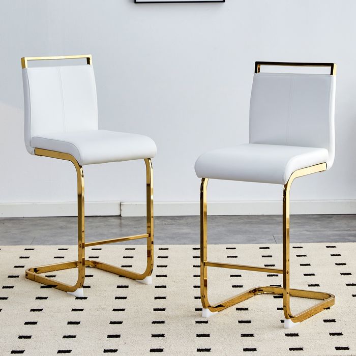 Lot de 2 Chaise de Salle à Manger PU pour Bureau Salon CuisineTabourets de BarPieds Métalliques dorés39x43.2x96.5cmBlanc