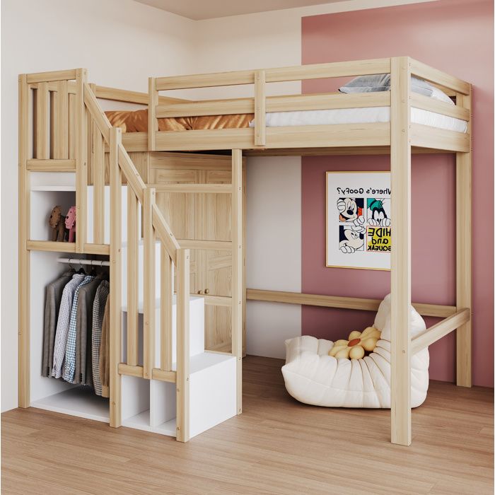 Lit mezzanine 90 x 200 cm en bois naturel avec armoire et escalier de rangement
