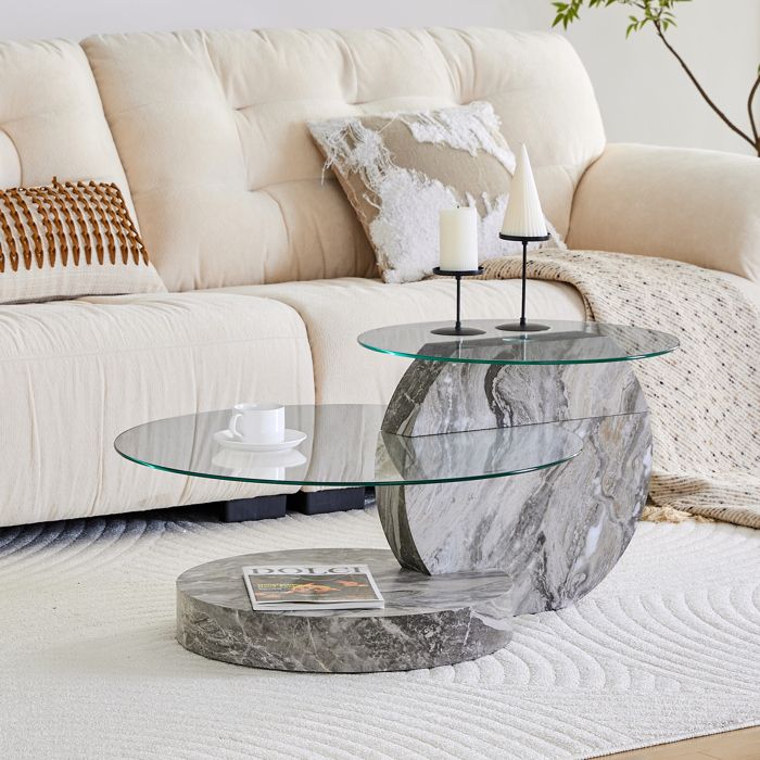 Table basse ronde avec 2 plateaux en verre structure en MDF avec finition effet marbre gris