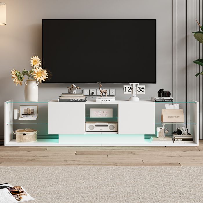 Meuble TV Moderne avec Éclairage LED Verre Trempé et 2 Tiroirs 200x35x45 cm Blanc