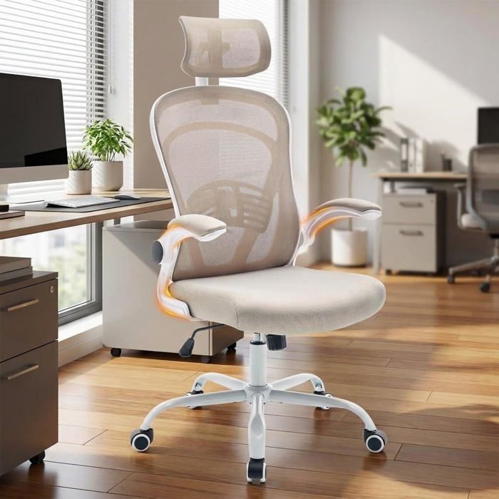 Fauteuil ergonomique - LUNSY - Dossier en maille profilée - Appui-tête réglable - Accoudoirs rabattables