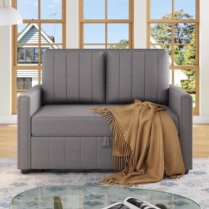 Canapé-lit - KOMHTOM - 127x75x94cm - Tissu lin - Dossier réglable - Convertible 2 places Canapé-lit - KOMHTOM - 127x75x94cm - Tissu lin - Dossier réglable - Convertible 2 places