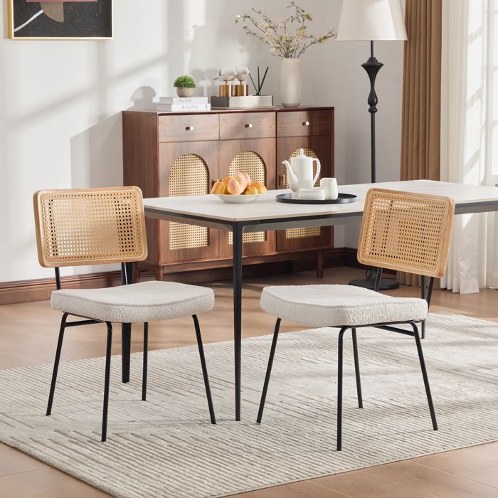 Lot de 2 Chaises Salle à Manger en Chenille Ivoire avec Dossier Rotin - Chaise de Salon Compact en Métal et Coussin Épaissi - Rétro