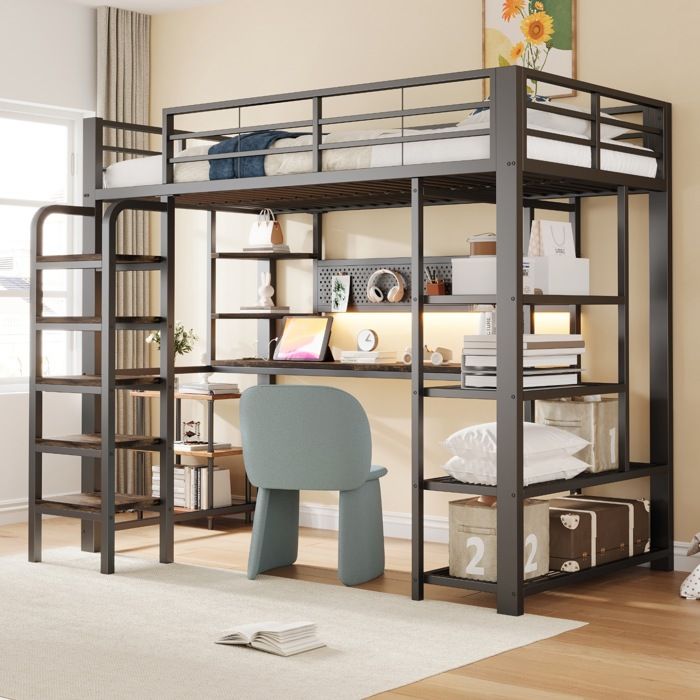 Lit mezzanine enfant 90×200 cm Lit simple en fer avec bureau éclairage LED ports USB étagères panneau perforé - noir