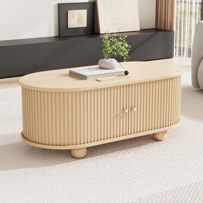 Table basse ovale - Zephmum - rangement portes coulissantes bois