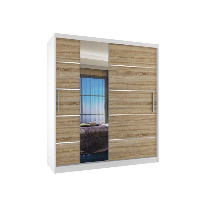 BELINI Grande Armoire 2 Portes Coulissantes VERONA MBP 133 cm - Blanc / Chêne Sonoma - Miroir Intégré & 2 Tiroirs - Chambre Adulte
