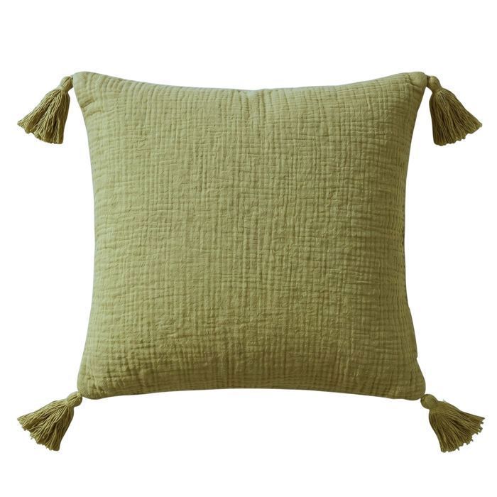 Coussin en Gaze de Coton à Pompons - 45x45 cm - HOMESCAPES - Vert sauge - Coussin décoratif déhoussable