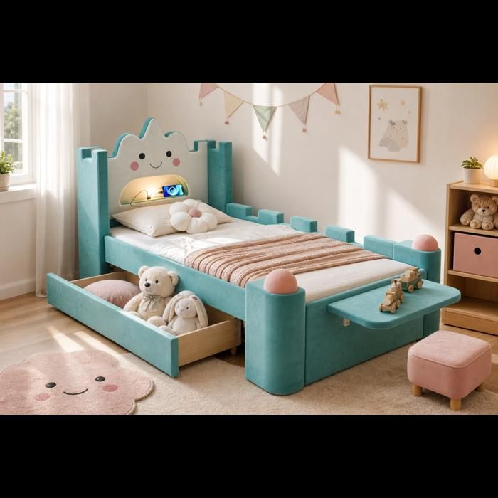 Lit enfant rembourré lit simple avec LED USB tiroirs de rangement abattant protection velours bleu-vert 90x200 cm