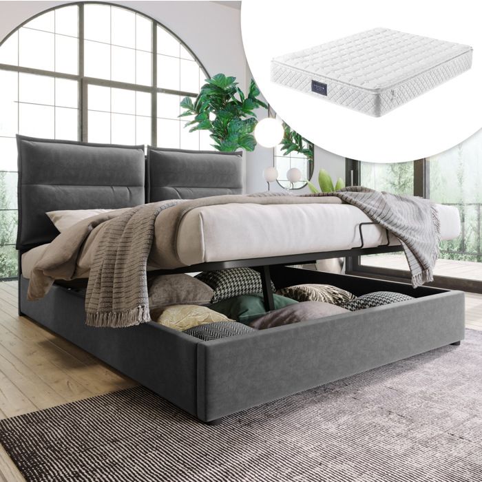 HOMVRA Lit coffre hydraulique 140 x 200 cm avec matelas tête de lit réglable velours gris