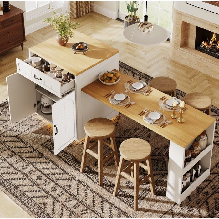 JOINERY Meuble Rangement Buffet Cuisine Table Extensible 80 70 95 5 Cm MDF Blanc 2 Tiroirs 4 Portes Range Bouteilles