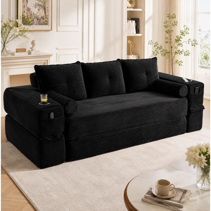 Canapé convertible 3 places en velours côtelé noir 232 x 98 x 80 cm avec mousse densité 30 et porte-gobelet