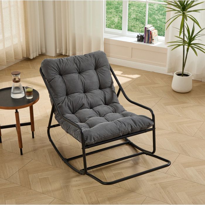 Fauteuil à bascule 1 place en acier noir avec coussin épais gris 116 x 75 x 82 cm intérieur extérieur