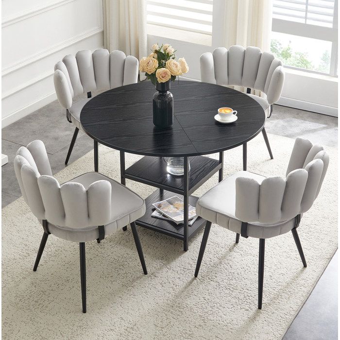 WUVRIE Table à manger ronde 107 cm avec 4 chaises double rangement style industriel noir et gris clair