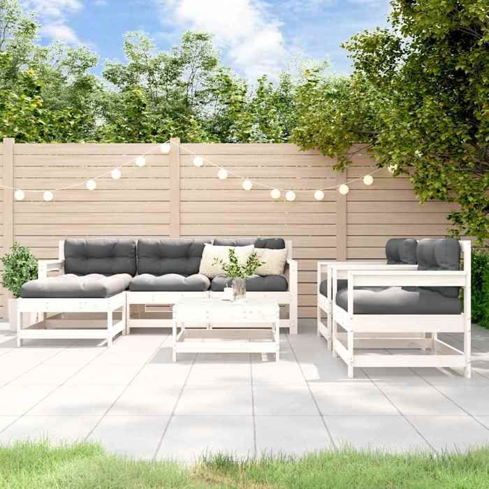 Blanc Salon de jardin 7 pcs Blanc Bois de pin massif - Meuble de balcon LV51973