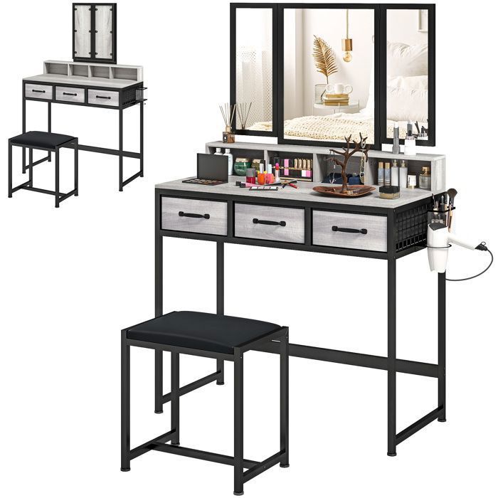 Coiffeuse grise moderne avec miroir triptyque amovible en tissu pratique robuste 90 x 40 x 141 cm