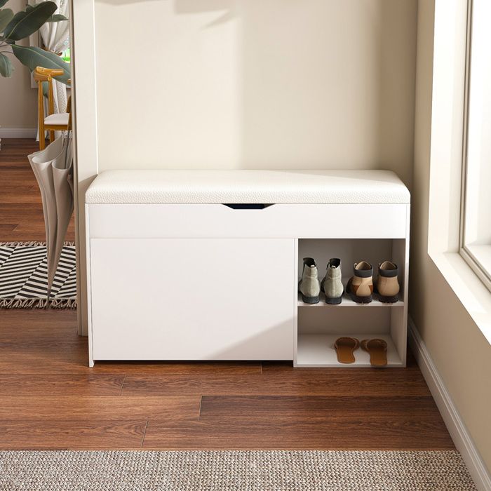 Banc à chaussures 100x30x52 cm avec siège rembourré rangement caché étagère pivotante 3 niveaux et 2 compartiments blanc