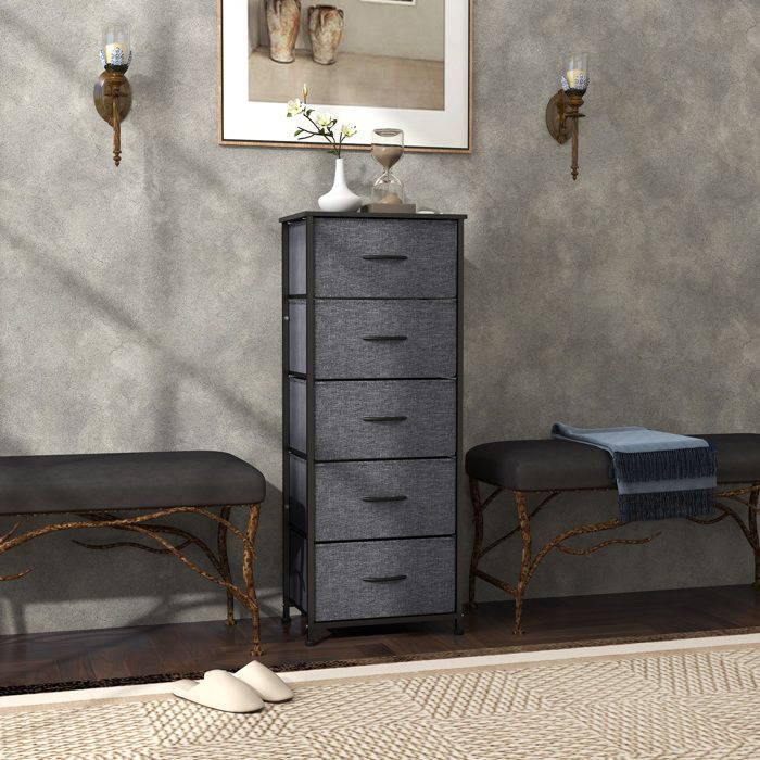 Commode 5 tiroirs meuble de rangement tiroir en tissu pliant - structure acier noir - 45 x 30 x 116 cm gris foncé